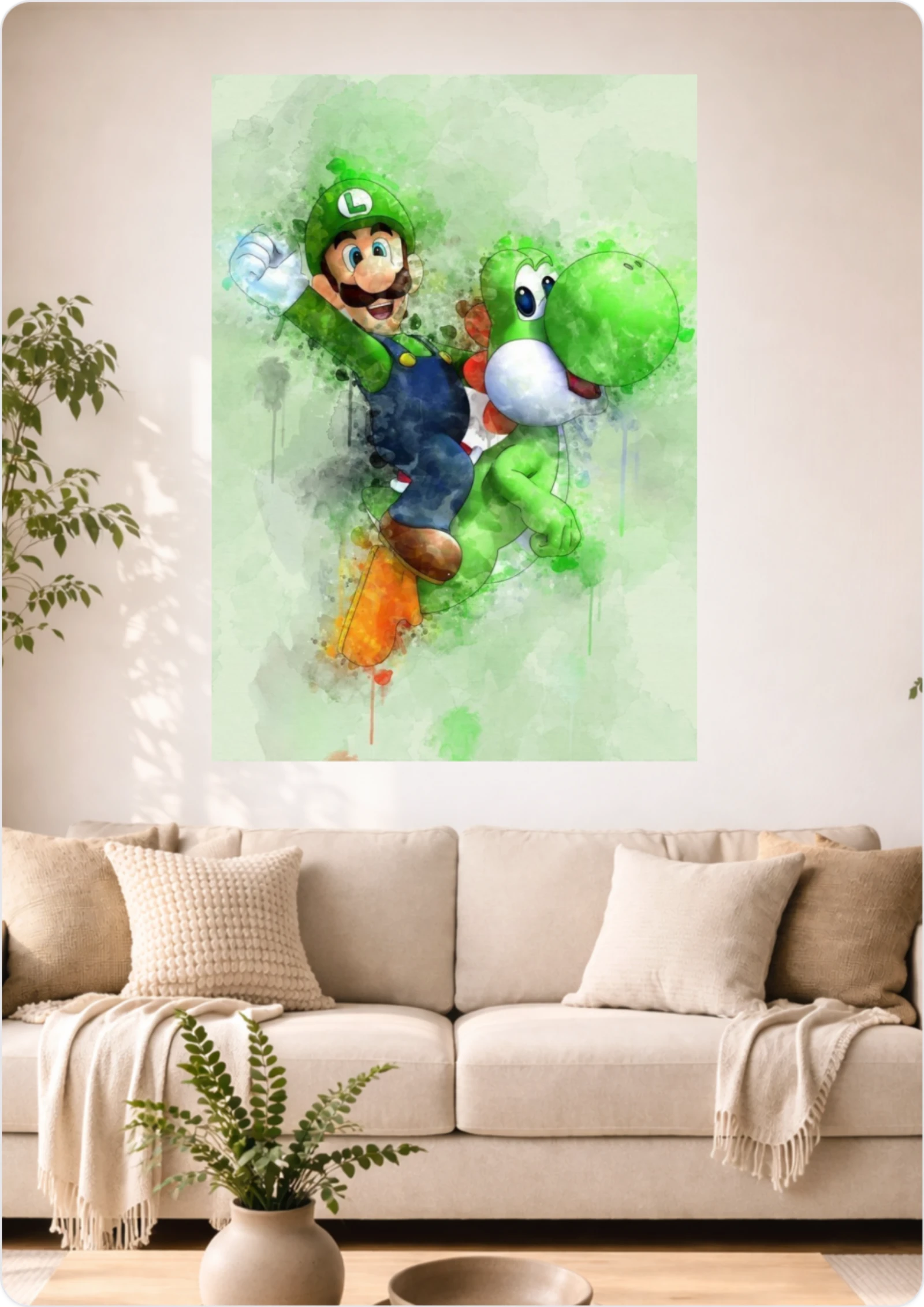 Affiche Luigi et Yoshi Style Aquarelle A3 Sans Cadre – Poster Gaming Nintendo Coloré